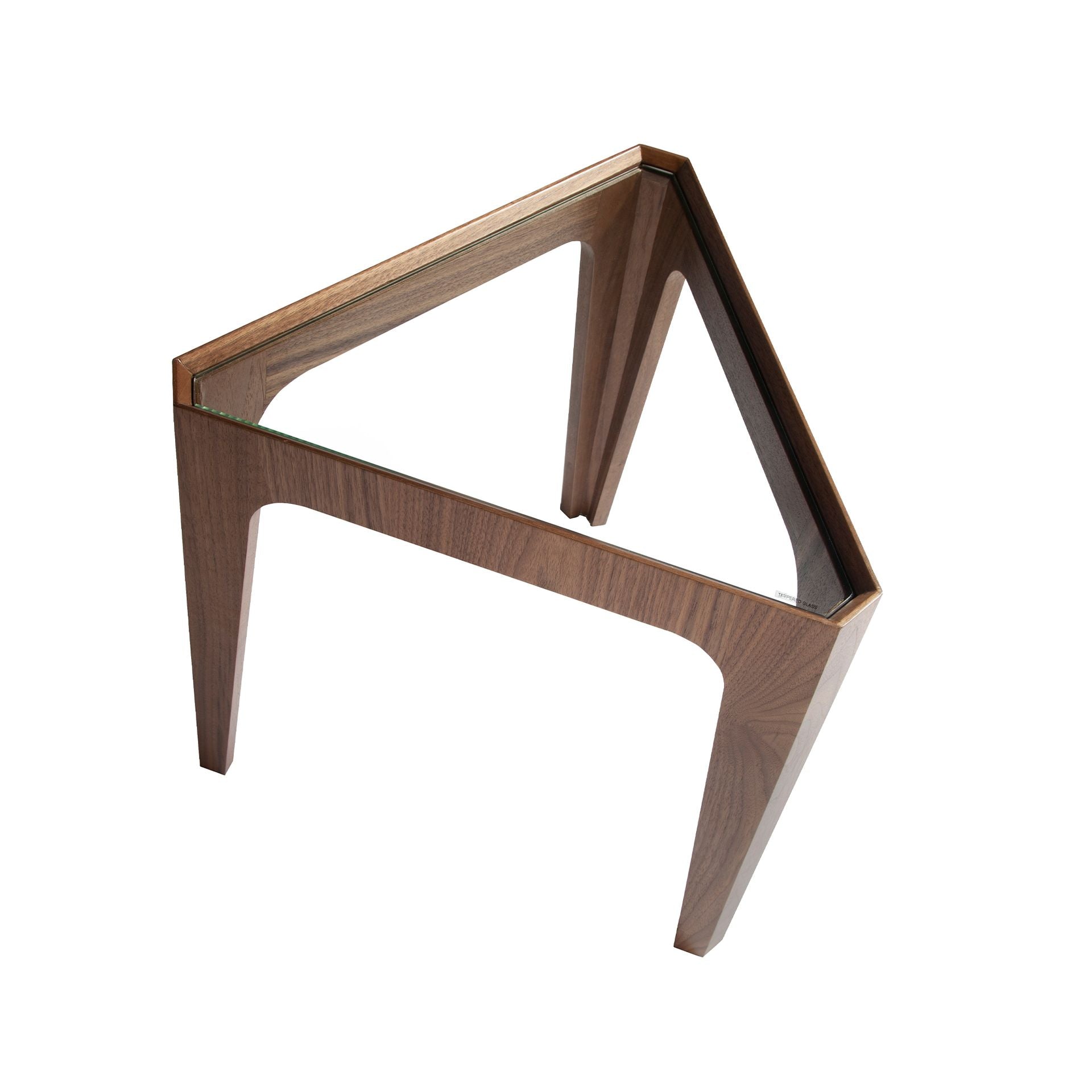 Mesa rincón triangular cristal templado y nogal