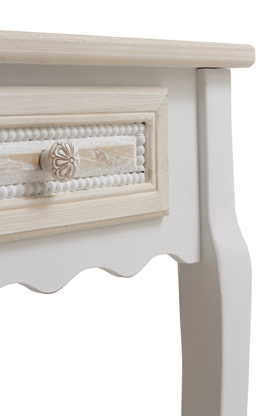 CONSOLA 2 CAJONES MADERA BLANCO SOBRE Y FRONTIS EN CREMA