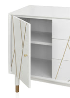 COMODA 3 CAJONES Y 1 PUERTA LACADA EN BLANCO CON FRONTIS DECORADO EN ORO