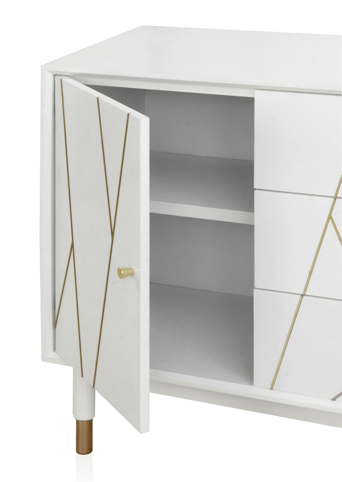 COMODA 3 CAJONES Y 1 PUERTA LACADA EN BLANCO CON FRONTIS DECORADO EN ORO