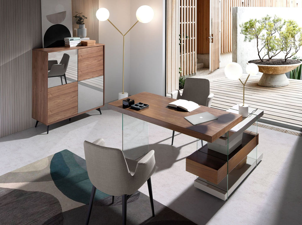 Escritorio madera gris y cristal templado con tapa de nogal