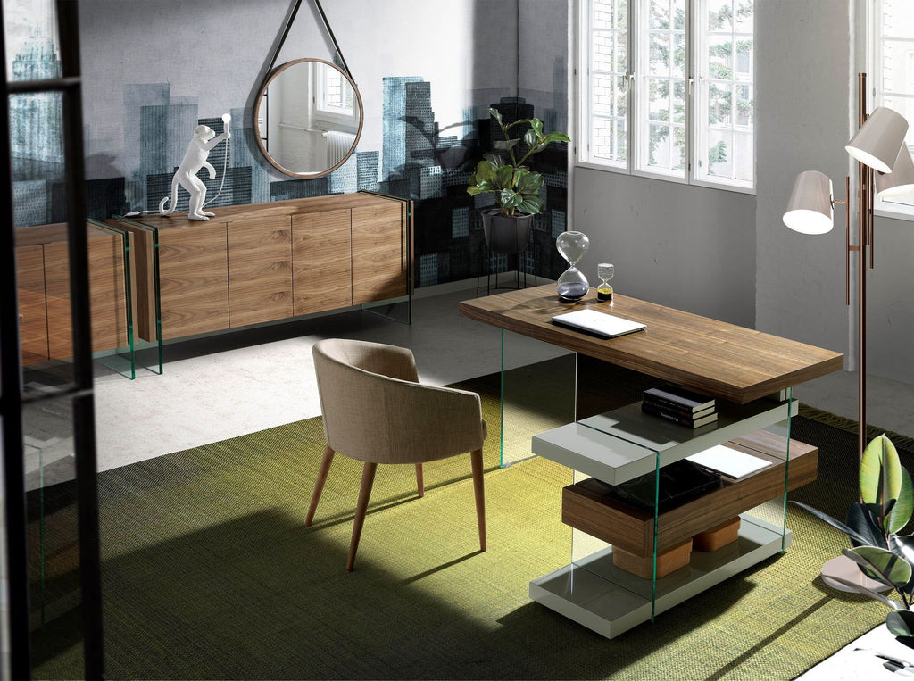 Escritorio madera gris y cristal templado con tapa de nogal