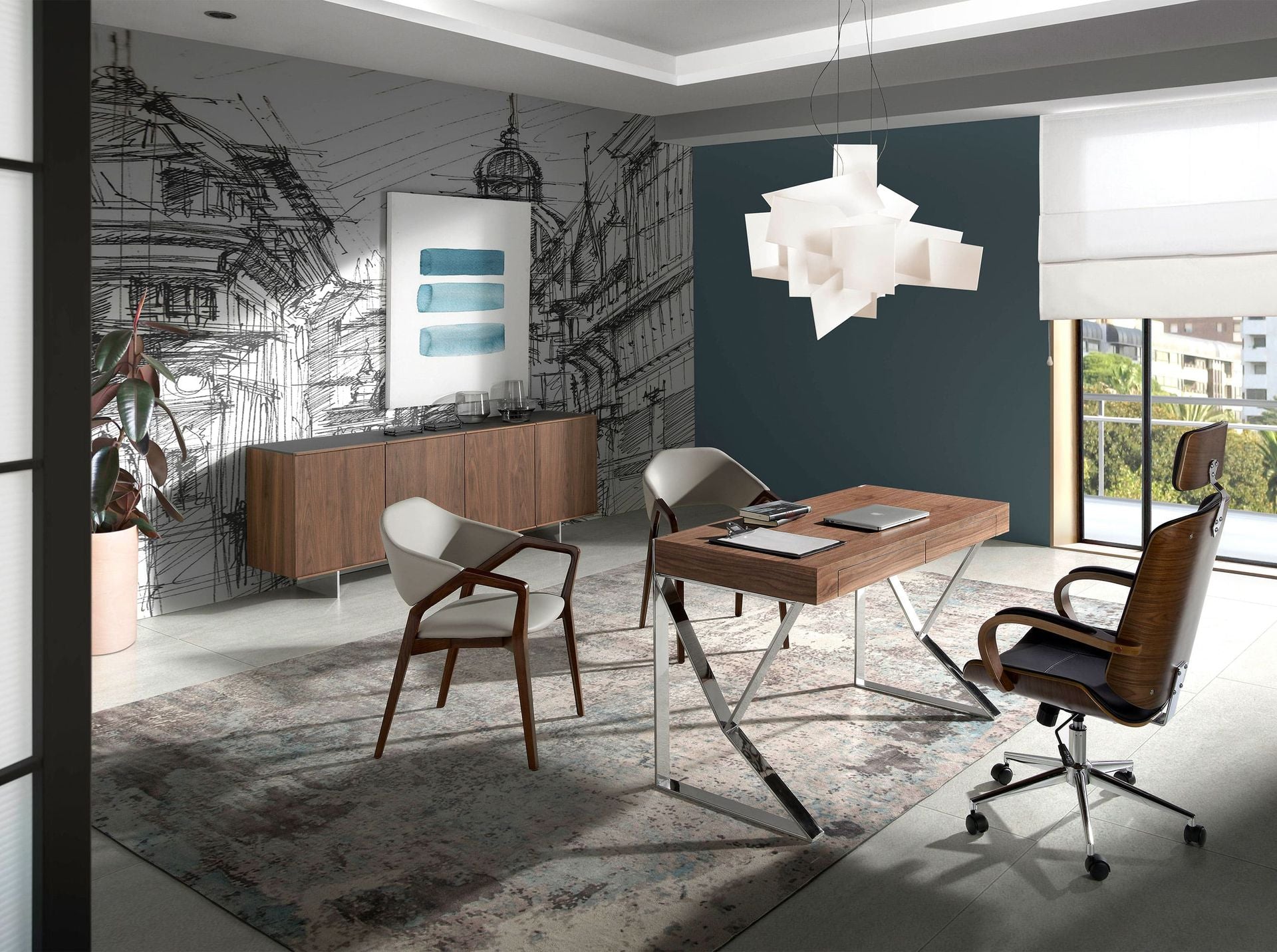 Escritorio nogal y acero cromado