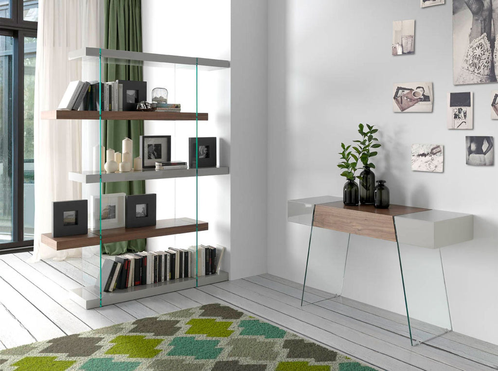 Consola rectangular madera gris, nogal y cristal templado