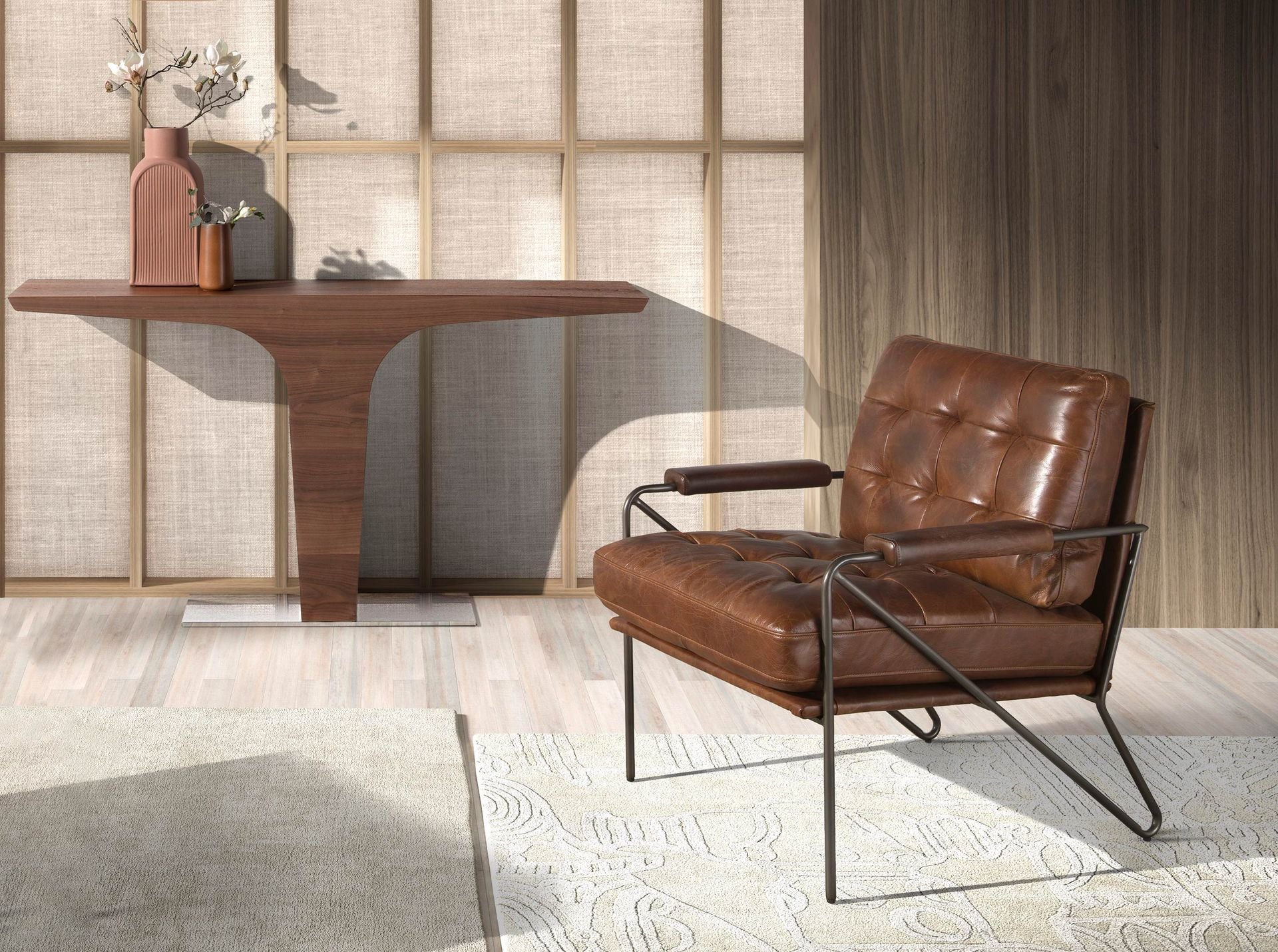 Consola rectangular nogal y base acero cromado