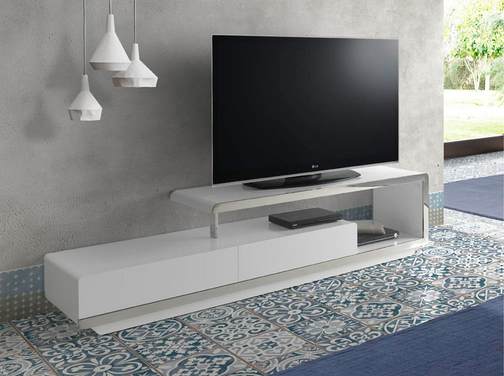 Mueble TV madera blanco y base acero cromado