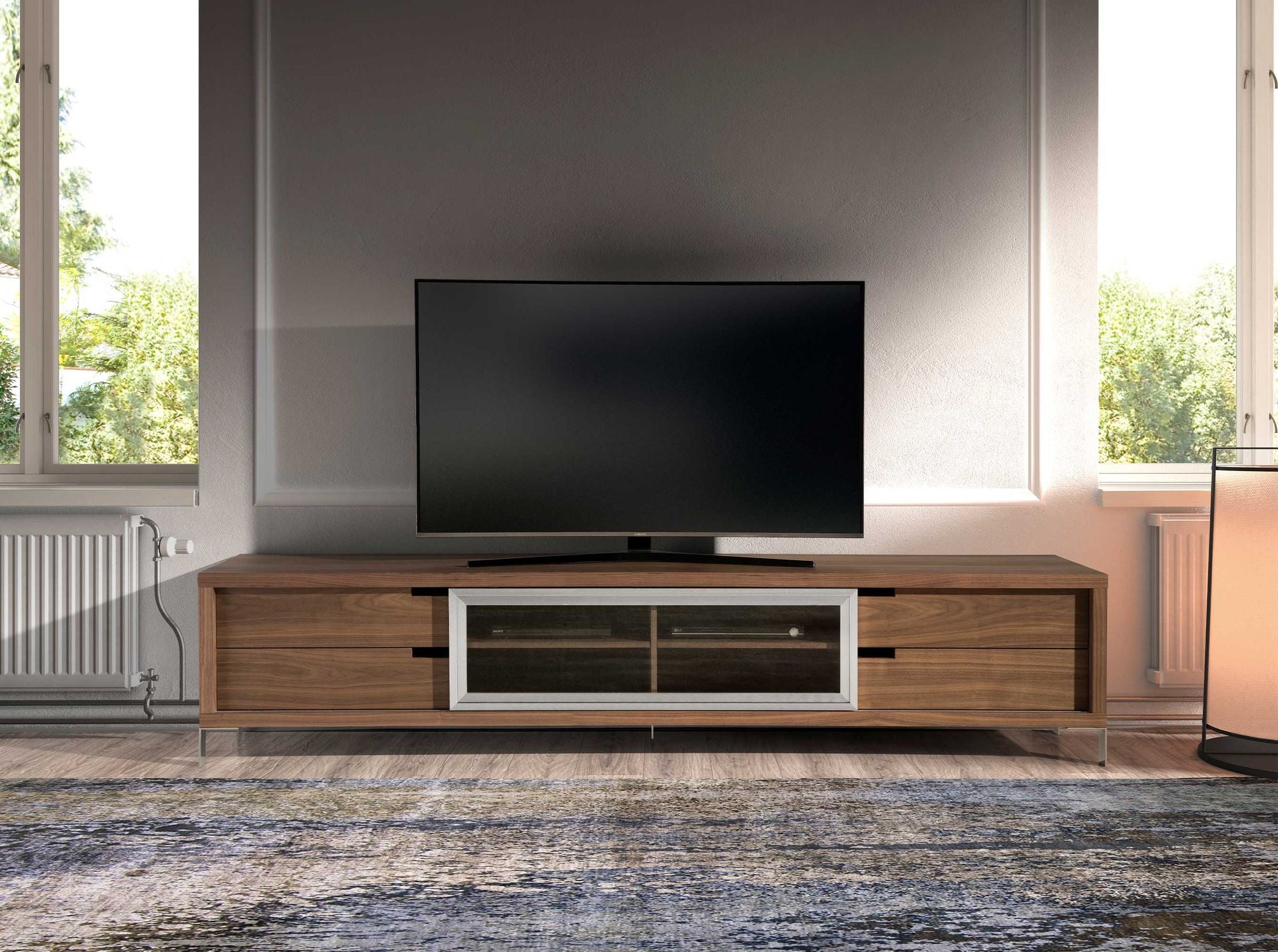 Mueble TV nogal y acero cromado