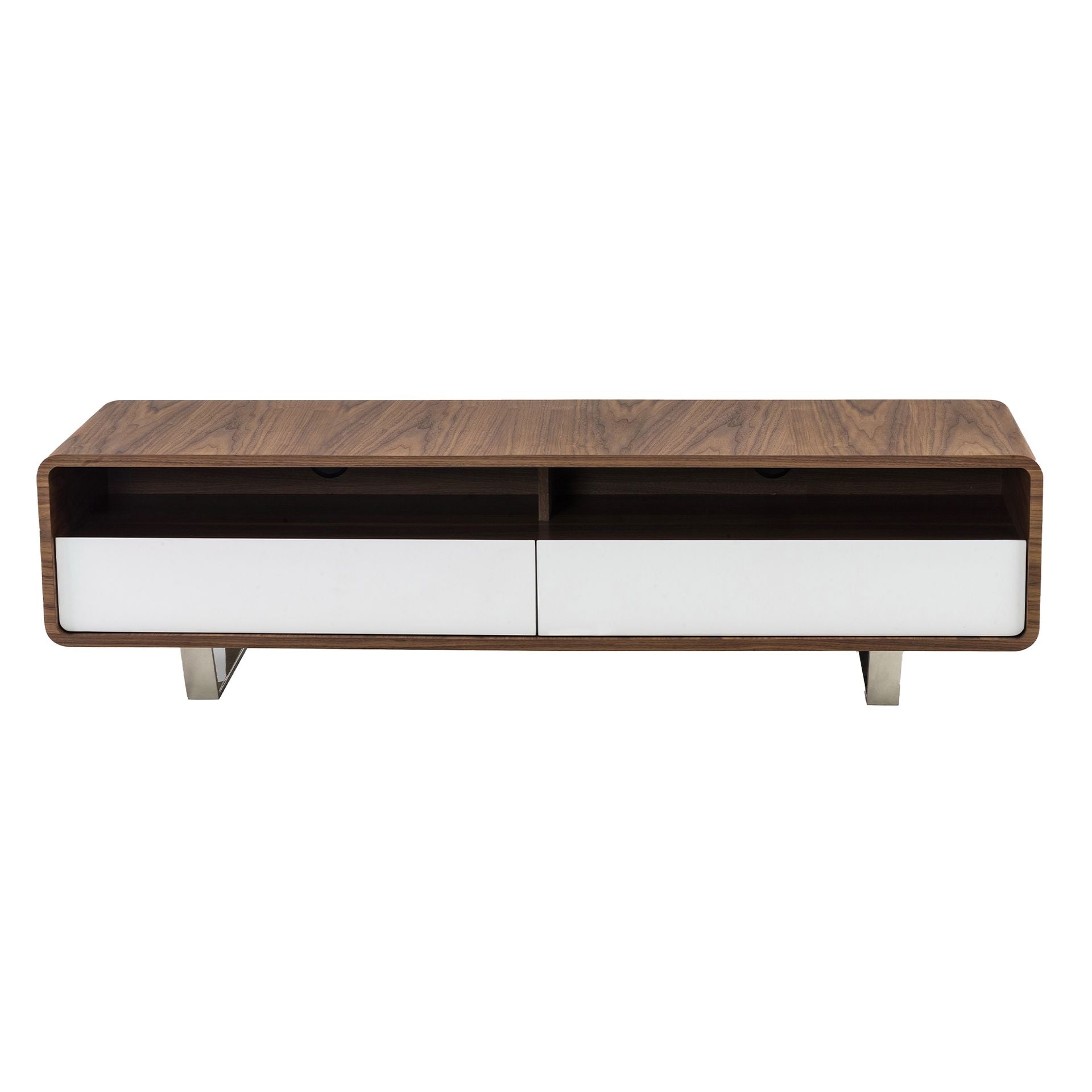 Mueble TV madera blanco, nogal y acero cromado