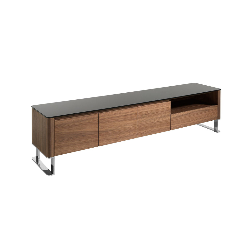 Mueble TV nogal, acero cromado y tapa de cristal negro