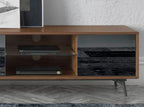 Mueble TV cristal negro efecto espejo, nogal y acero negro