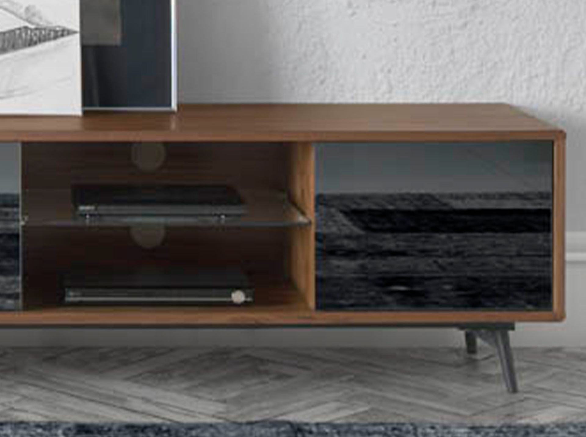 Mueble TV cristal negro efecto espejo, nogal y acero negro