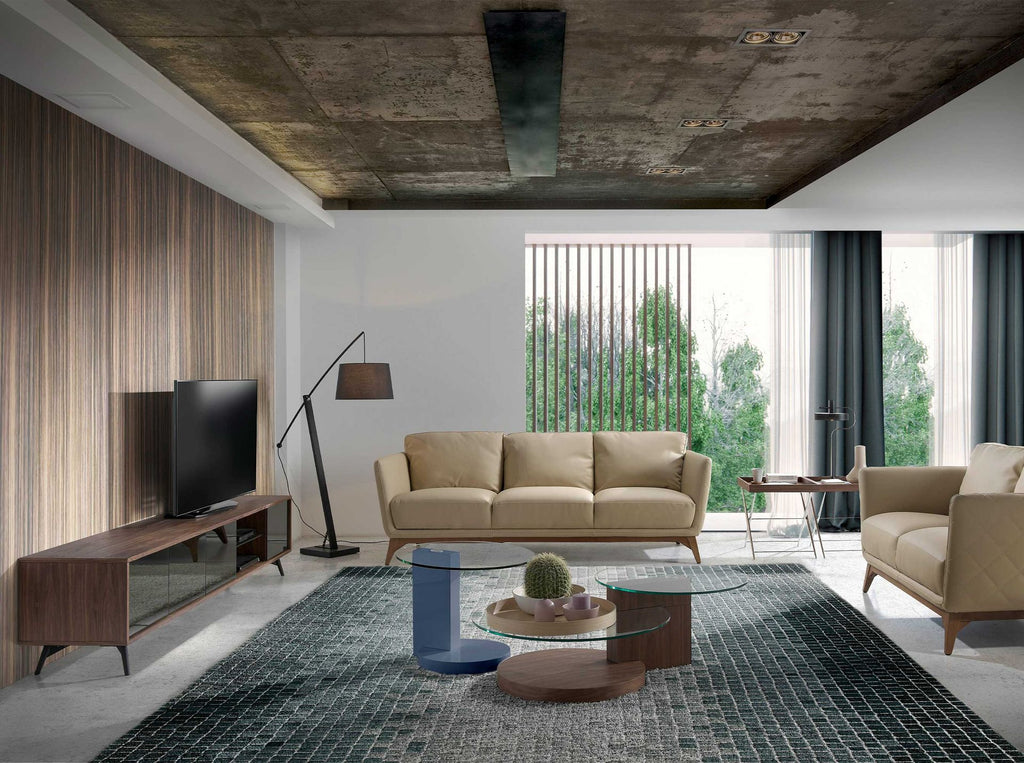 Mueble TV cristal negro efecto espejo, nogal y acero negro