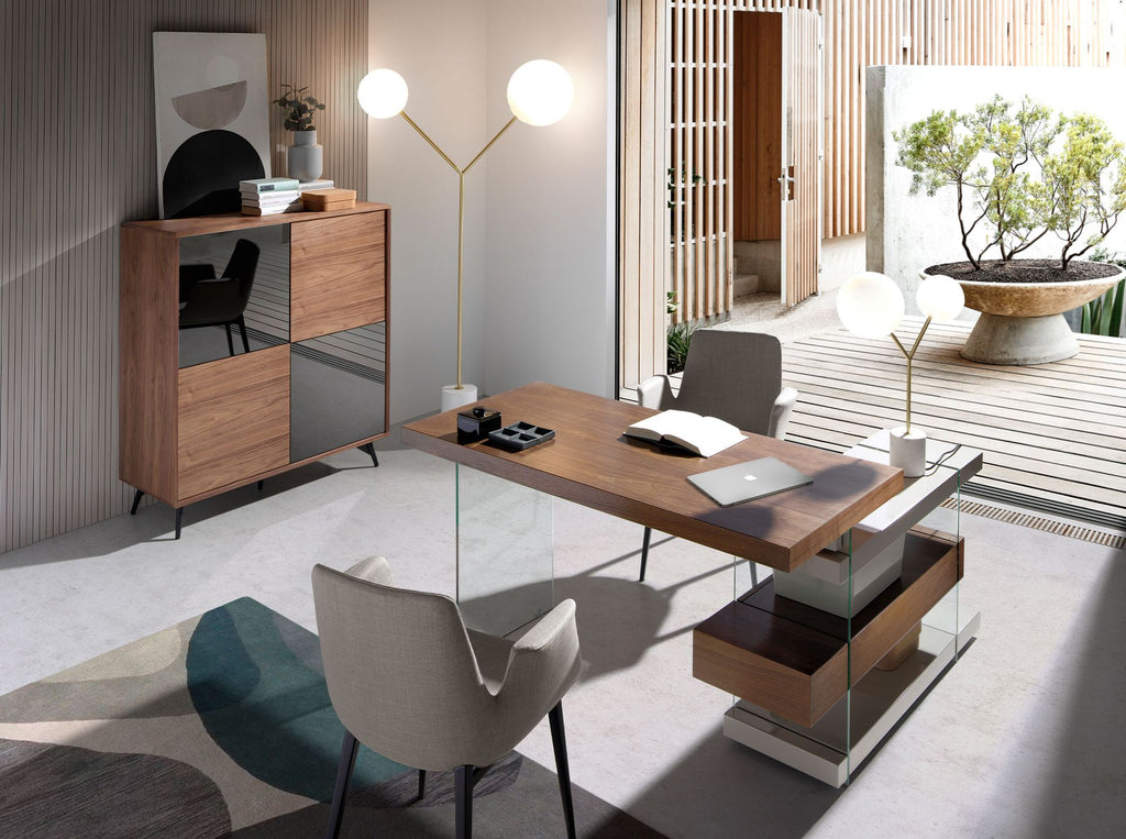 Aparador alto cristal negro efecto espejo, nogal y acero negro