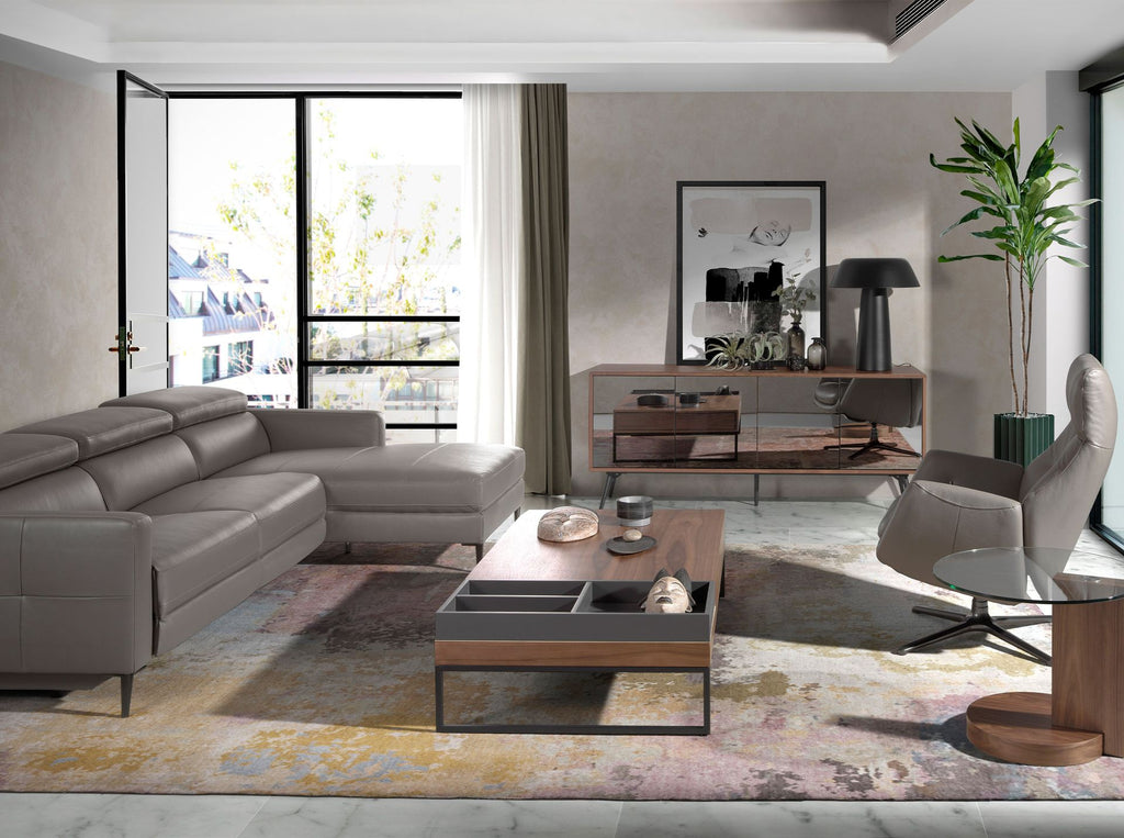 Aparador cristal negro efecto espejo, nogal y acero negro