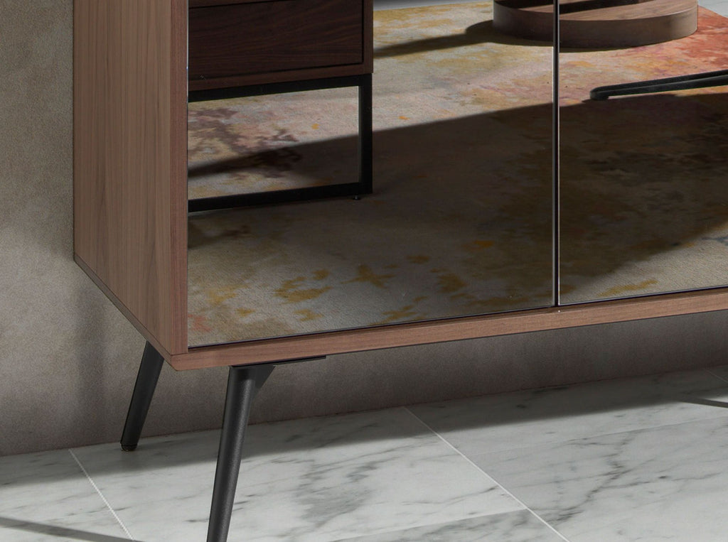 Aparador cristal negro efecto espejo, nogal y acero negro