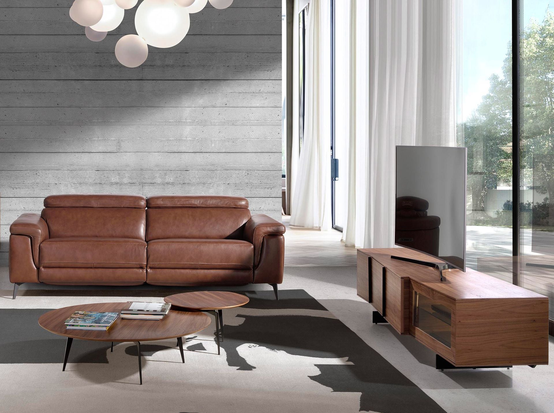Mueble TV nogal y acero negro con iluminación interior