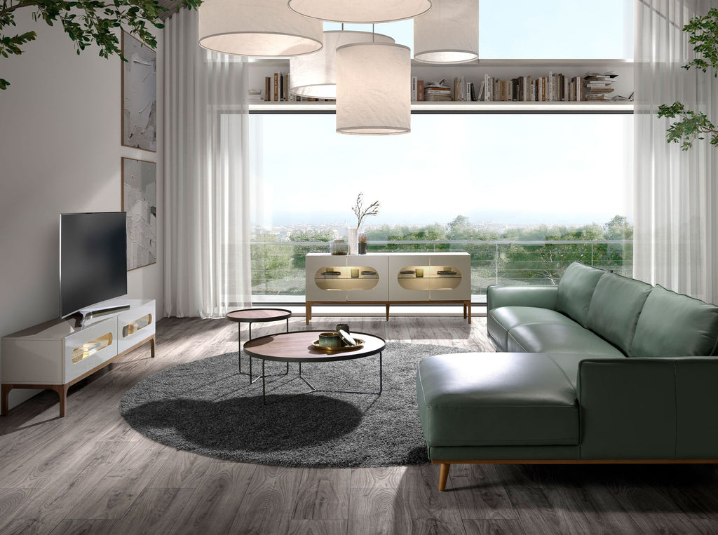 Mueble TV madera gris y nogal con iluminación interior