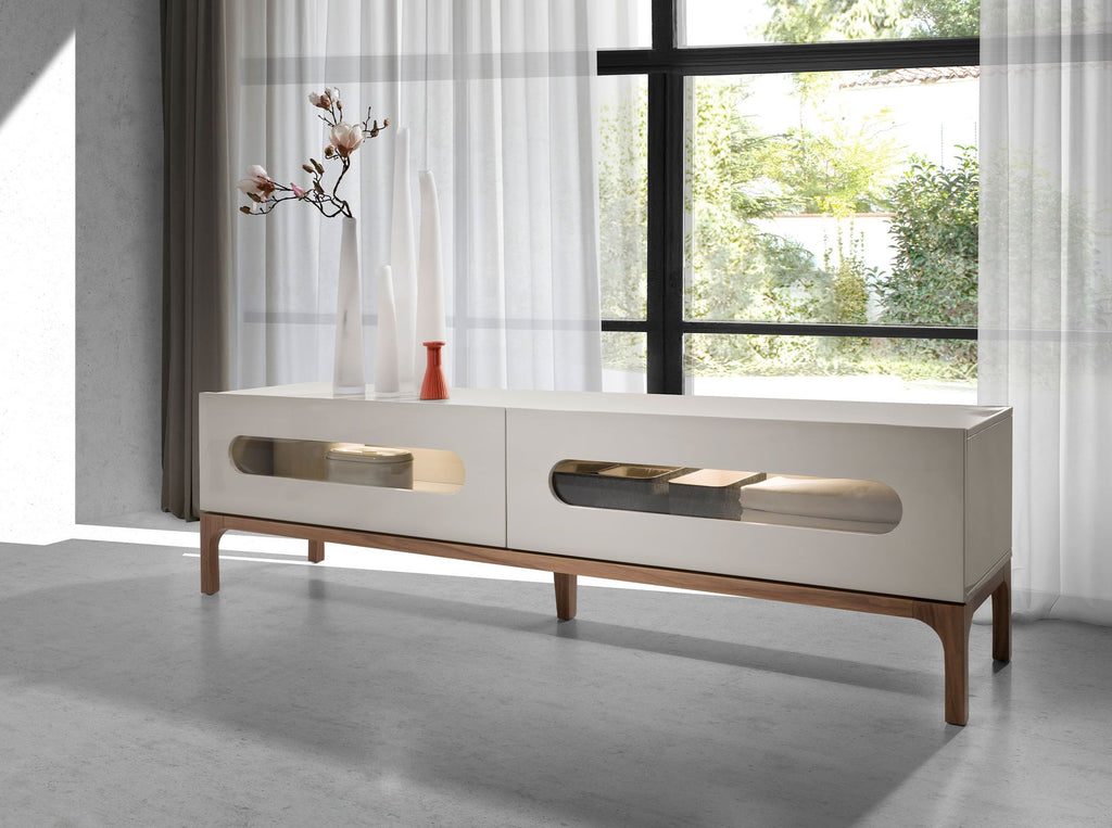 Mueble TV madera gris y nogal con iluminación interior