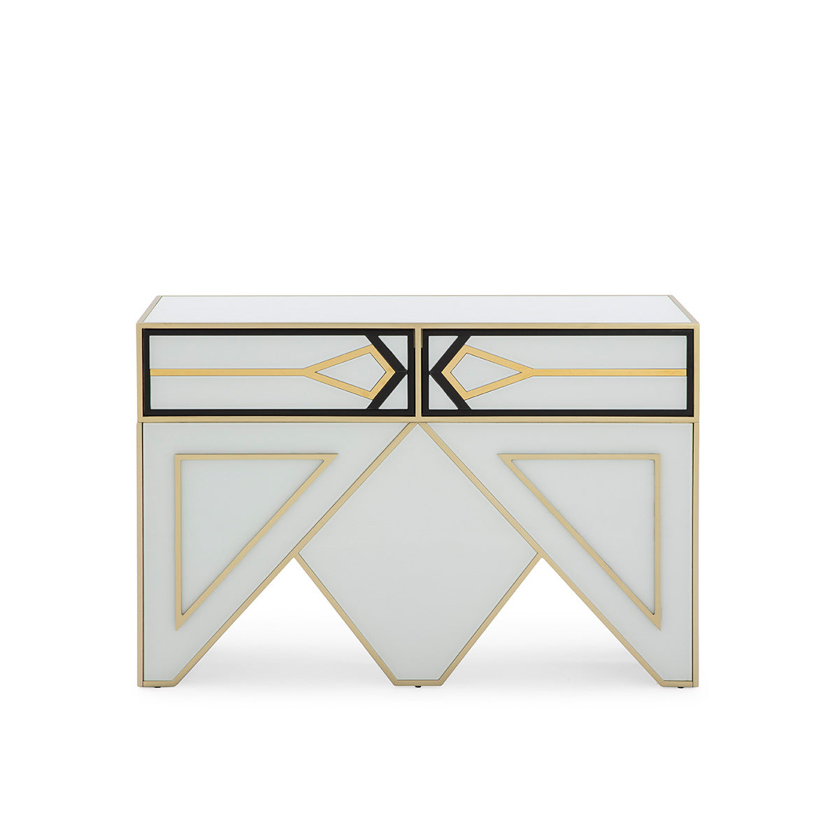 CONSOLA 120x45x80 CRISTAL BLANCO/NEGRO / METAL DORADO / DM DORADO/NEGRO