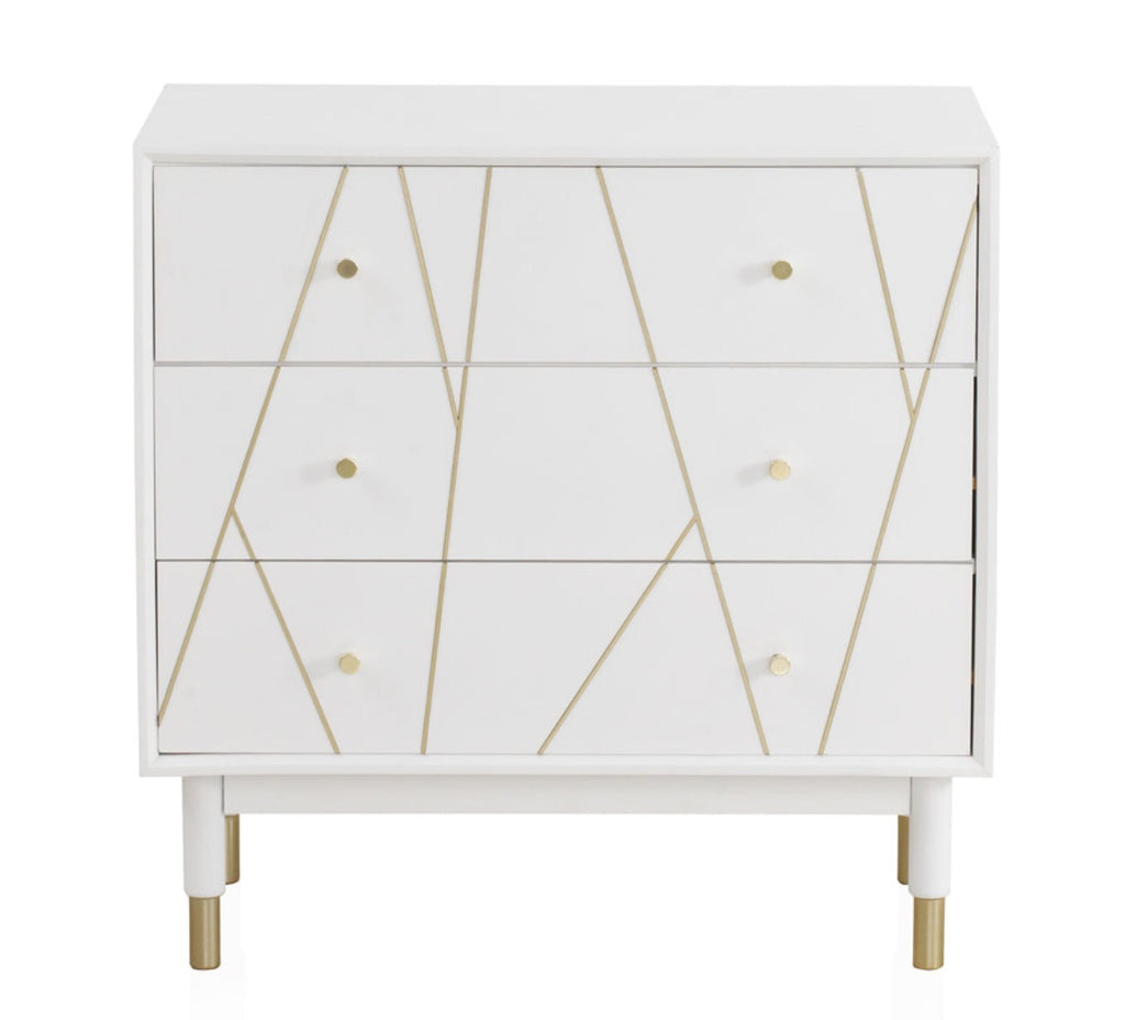 COMODA 3 CAJONES LACADA EN BLANCO CON FRONTIS DECORADO EN ORO