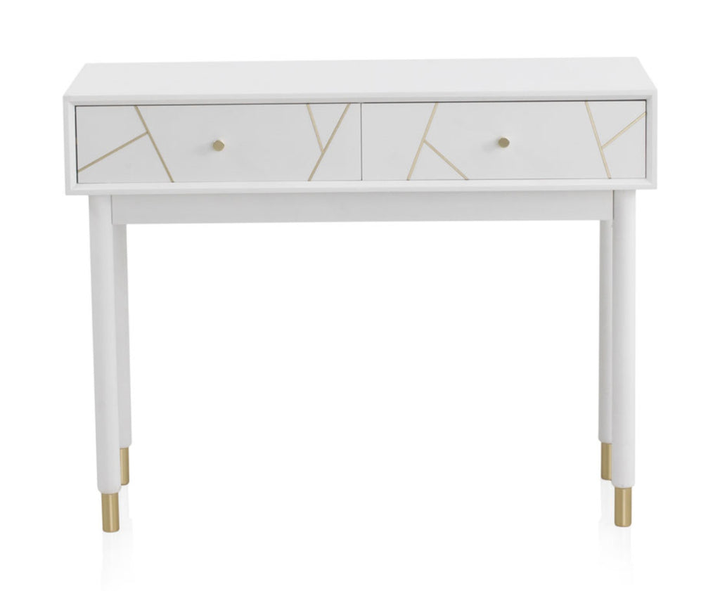 CONSOLA 2 CAJONES LACADA EN BLANCO CON FRONTIS DECORADO EN ORO