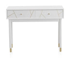 CONSOLA 2 CAJONES LACADA EN BLANCO CON FRONTIS DECORADO EN ORO
