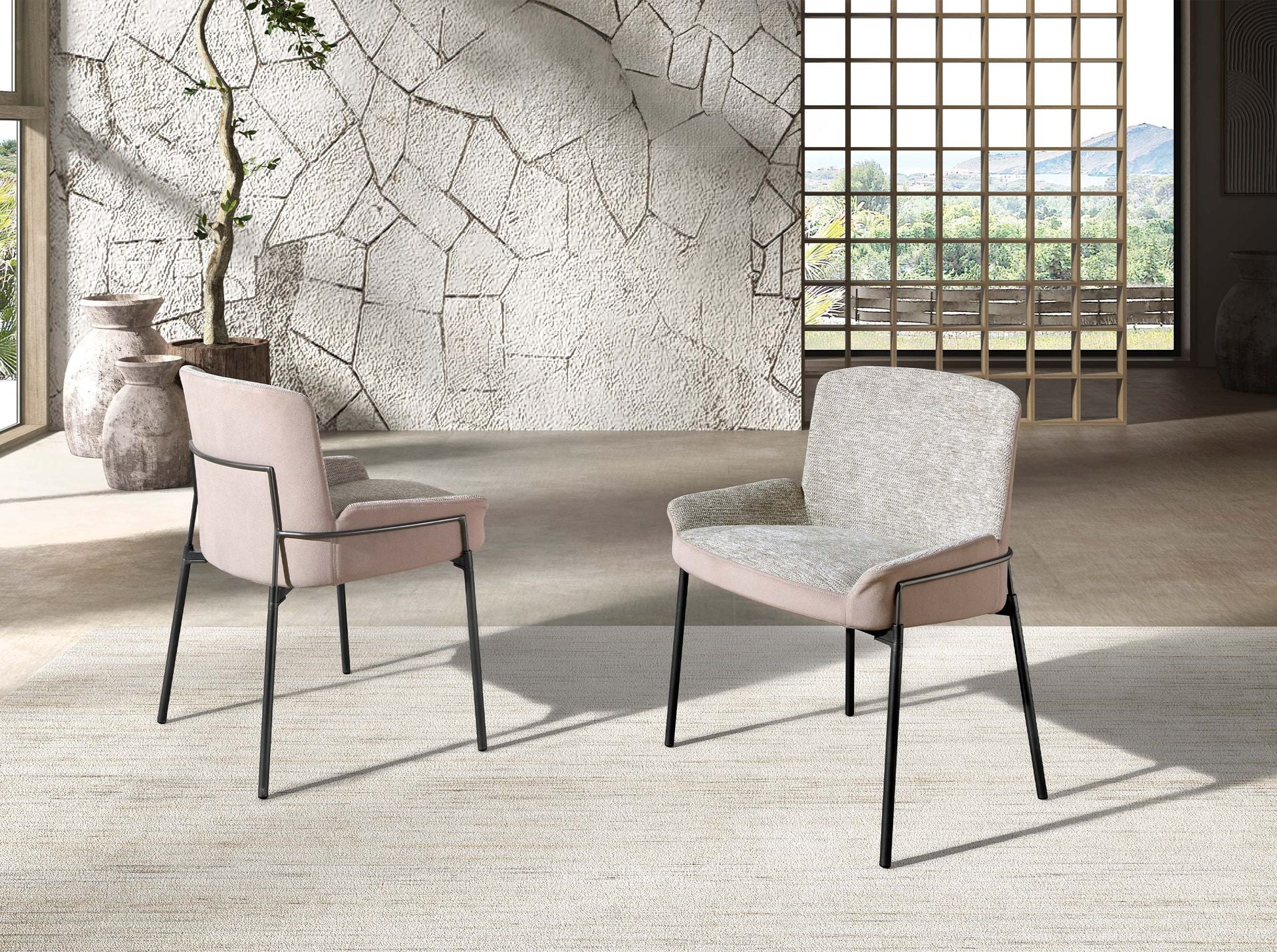 Silla tela gris y terciopelo marrón