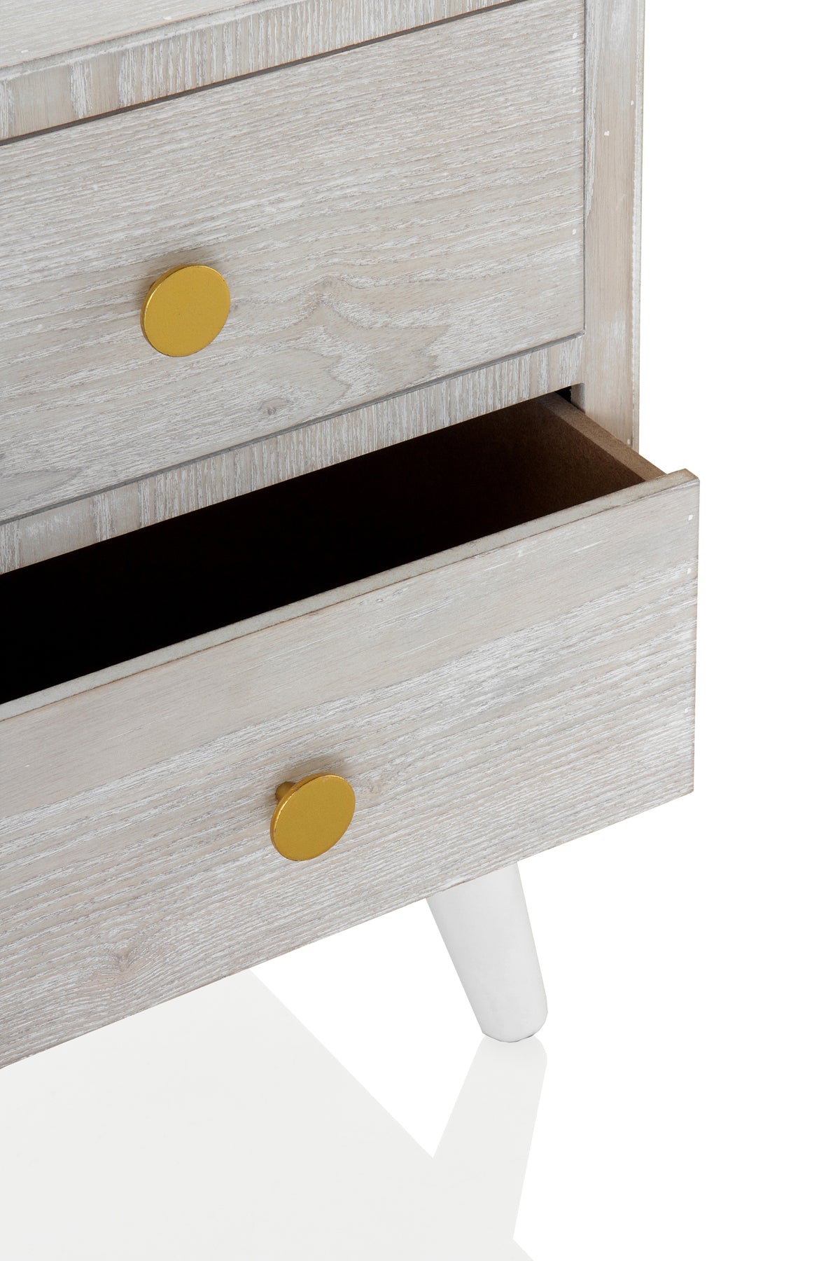 MESITA 3 CAJONES CHAPADO EN FRESNO PATINADO BLANCO, TIRADOR ORO