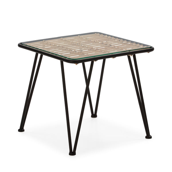Taula auxiliar 51x51x46 cm de vidre, metall negre i rotàng natural