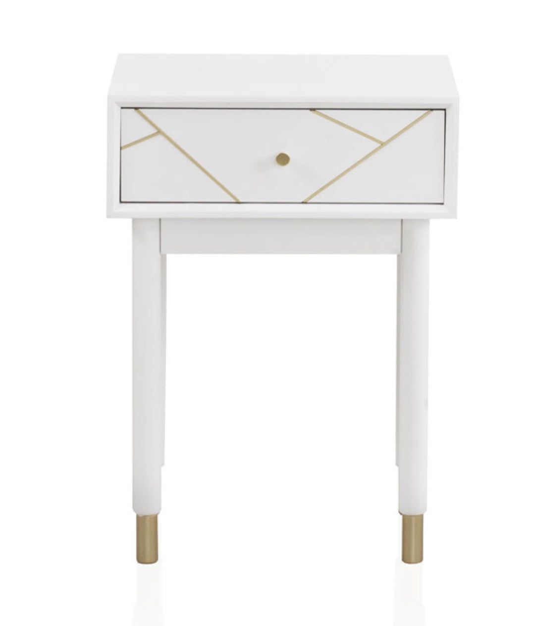 MESITA 1 CAJON LACADA EN BLANCO CON FRONTIS DECORADO EN ORO