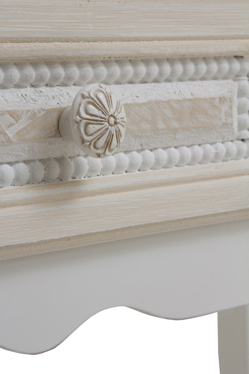 CONSOLA 2 CAJONES MADERA BLANCO SOBRE Y FRONTIS EN CREMA