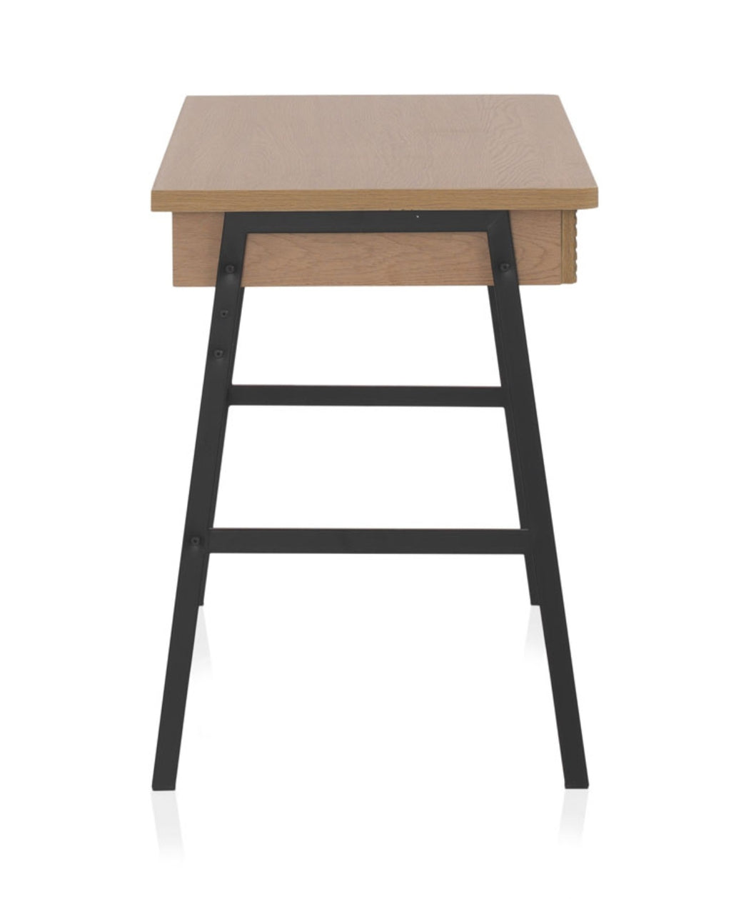 ESCRITORIO CHAPADO EN FRESNO NATURAL CON PIES METALICOS NEGROS