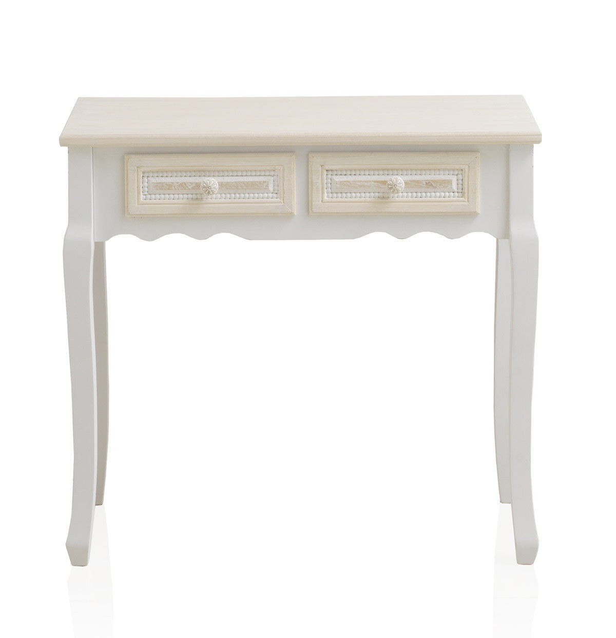 CONSOLA 2 CAJONES MADERA BLANCO SOBRE Y FRONTIS EN CREMA