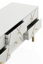 MUEBLE TV 6 CAJONES LACADO EN BLANCO CON FRONTIS DECORADO EN ORO