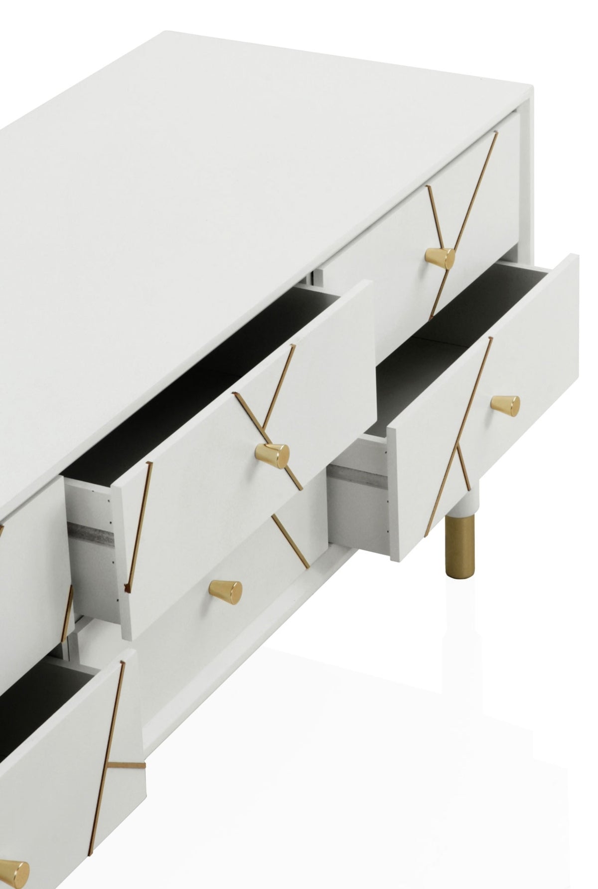 MUEBLE TV 6 CAJONES LACADO EN BLANCO CON FRONTIS DECORADO EN ORO