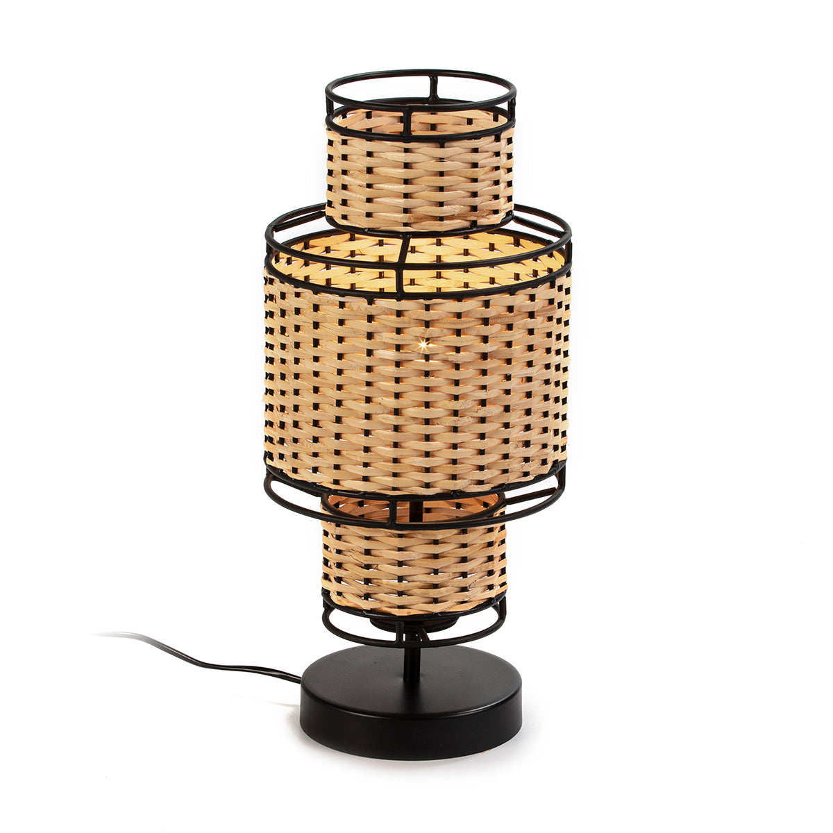 LAMPARA SOBREMESA 21x21x45 METAL NEGRO/RATAN NATURAL
