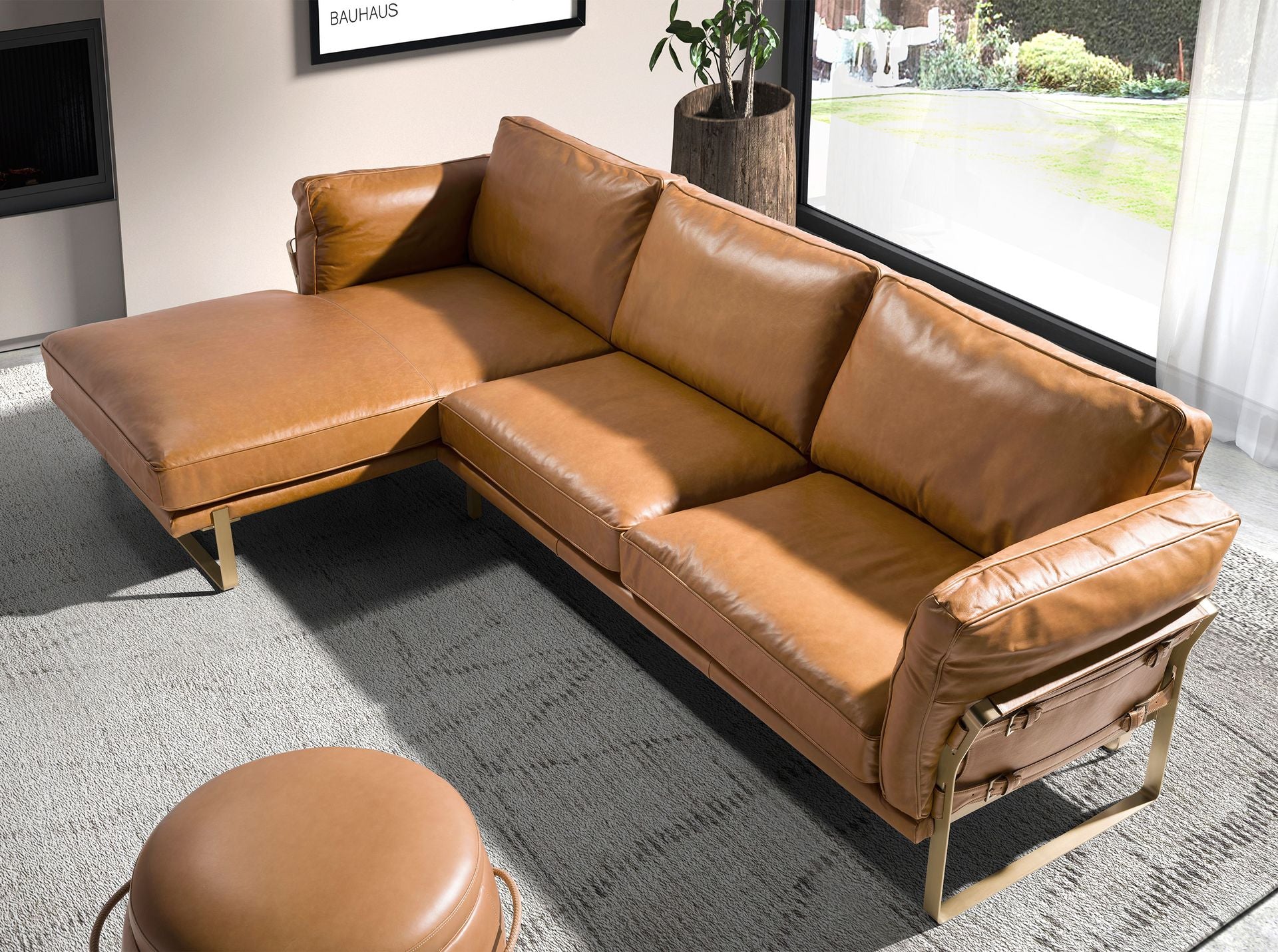 Sofá chaise longue izquierda piel camel