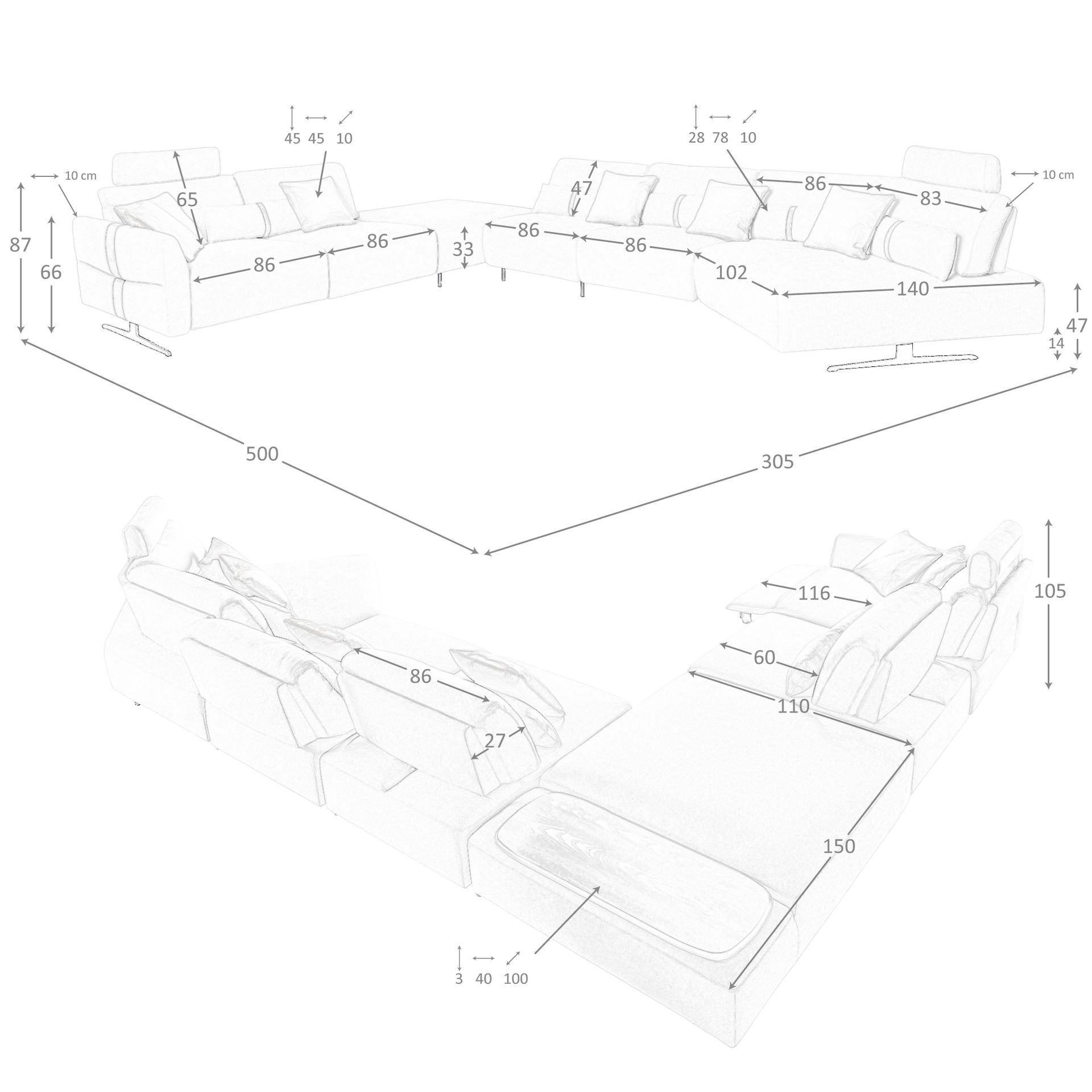 Sofá chaise longue relax modular derecho tela arena