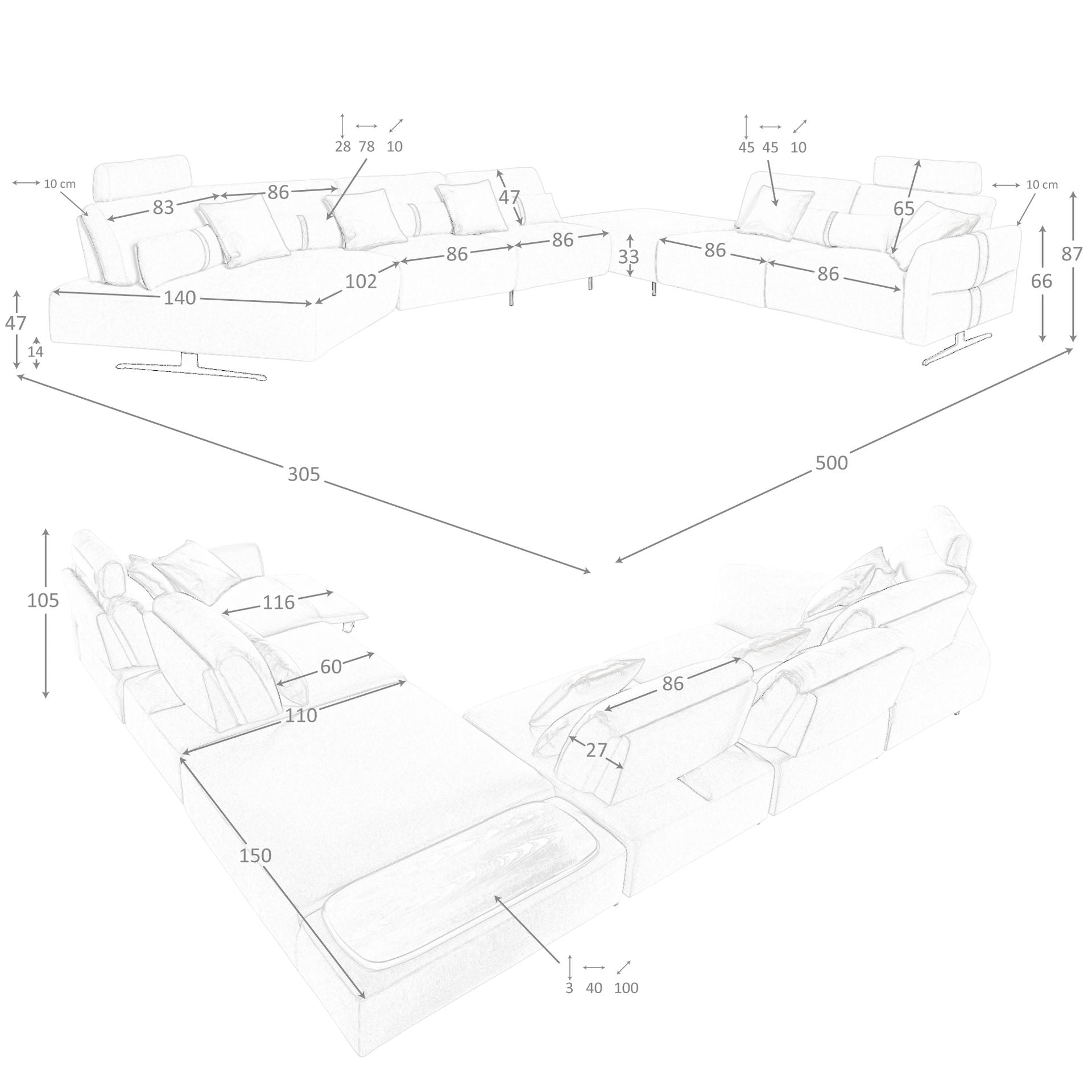 Sofá chaise longue relax modular derecho tela arena