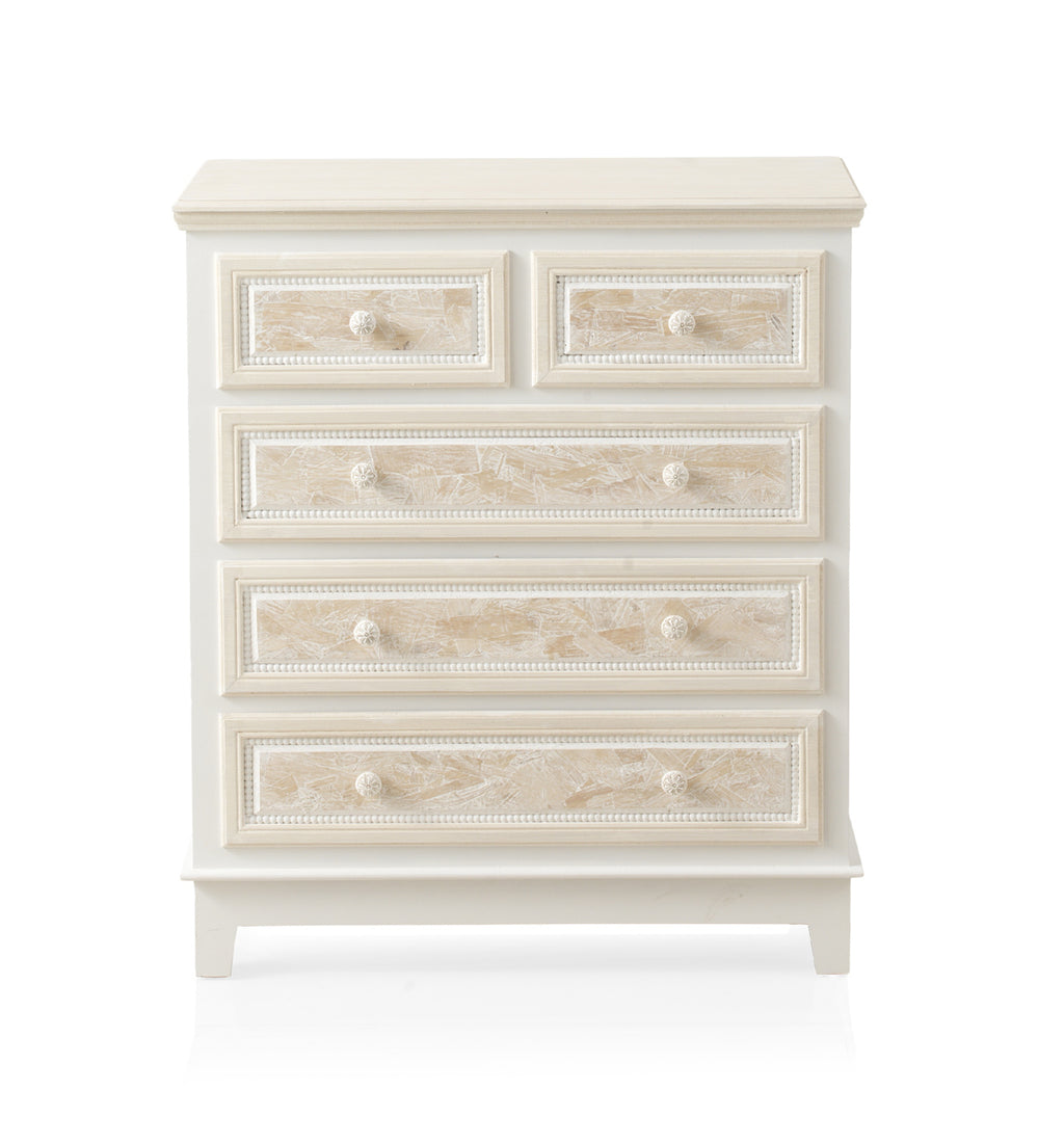 COMODA 5 CAJONES MADERA BLANCO SOBRE Y FRONTIS EN CREMA