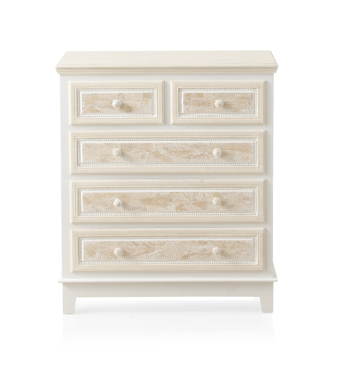 COMODA 5 CAJONES MADERA BLANCO SOBRE Y FRONTIS EN CREMA