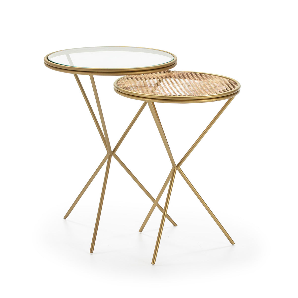 SET/2 MESA AUXILIAR 49x49x67/45x45x61 CRISTAL/RATAN/METAL DORADO