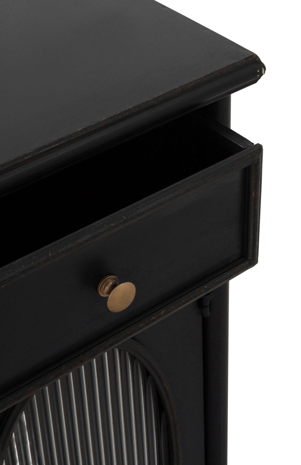 APARADOR CON ESTRUCTURA METAL, PUERTAS CON CRISTAL DE FORMA OVAL Y 3 CAJONES