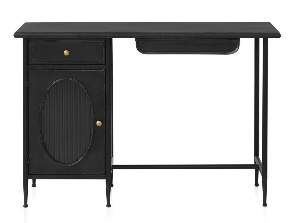 ESCRITORIO CON ESTRUCTURA METAL, PUERTA CON CRISTAL DE FORMA OVAL Y 2 CAJONES