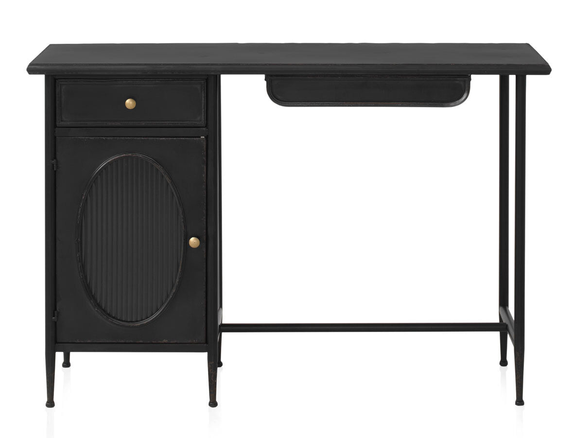 ESCRITORIO CON ESTRUCTURA METAL, PUERTA CON CRISTAL DE FORMA OVAL Y 2 CAJONES