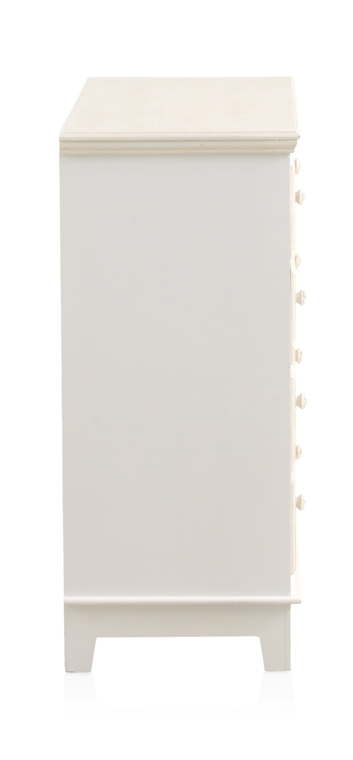 COMODA 5 CAJONES MADERA BLANCO SOBRE Y FRONTIS EN CREMA