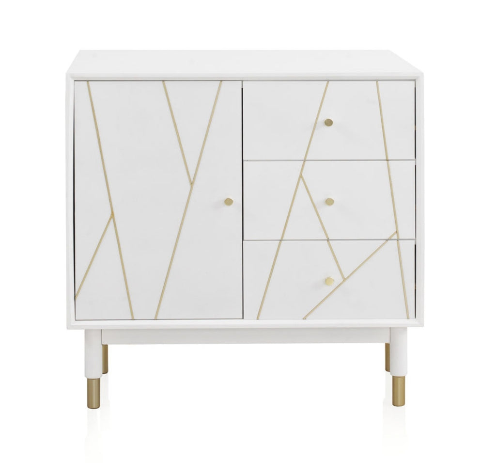 COMODA 3 CAJONES Y 1 PUERTA LACADA EN BLANCO CON FRONTIS DECORADO EN ORO