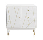 COMODA 3 CAJONES Y 1 PUERTA LACADA EN BLANCO CON FRONTIS DECORADO EN ORO