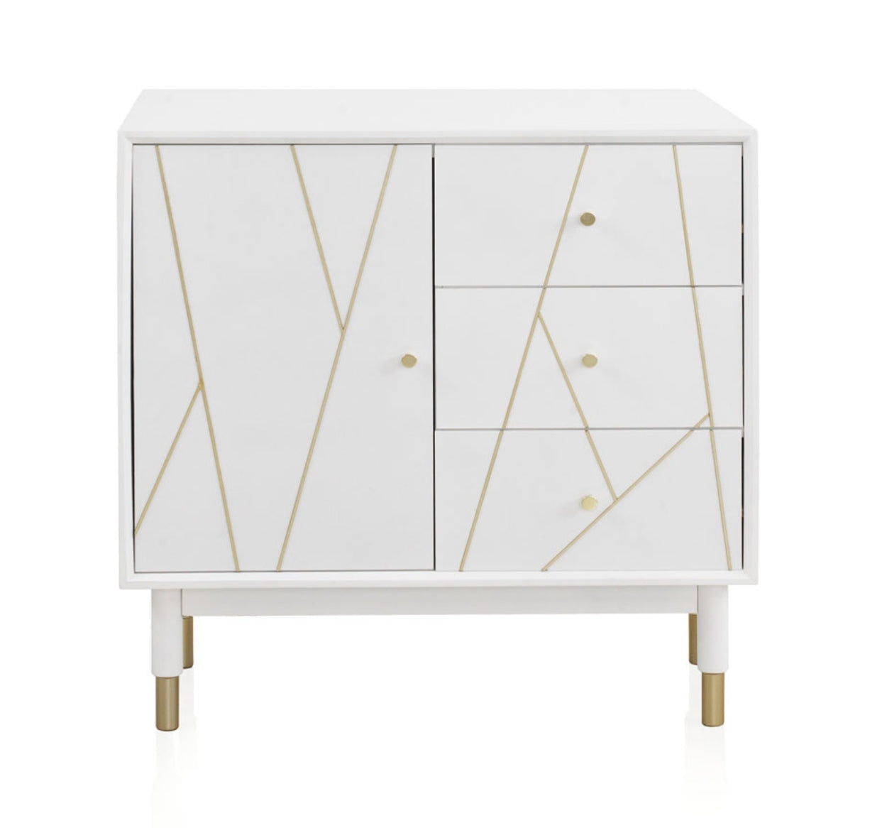 COMODA 3 CAJONES Y 1 PUERTA LACADA EN BLANCO CON FRONTIS DECORADO EN ORO