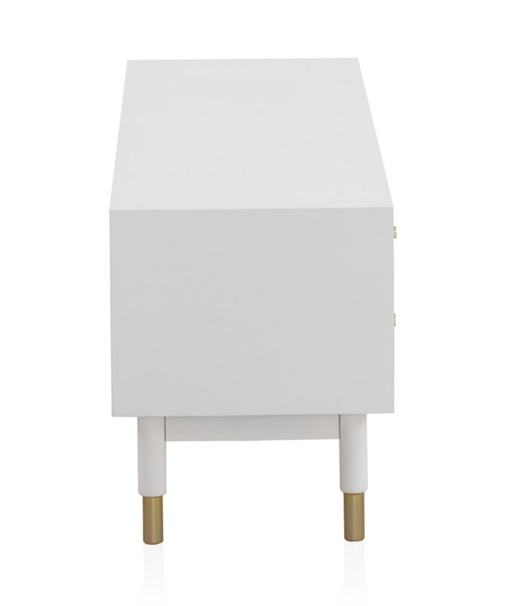 MUEBLE TV 6 CAJONES LACADO EN BLANCO CON FRONTIS DECORADO EN ORO